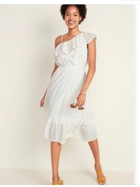 Old Navy White One Shoulder Eyelet Ruffle Midi Dress Woman XL Scandinavian NEW